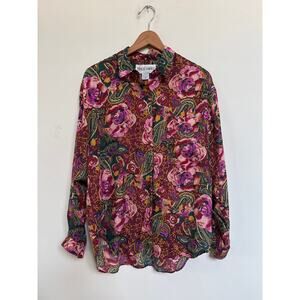 Vintage Floral Art Deco Dark Romantic 100% Silk Button Front Blouse Medium